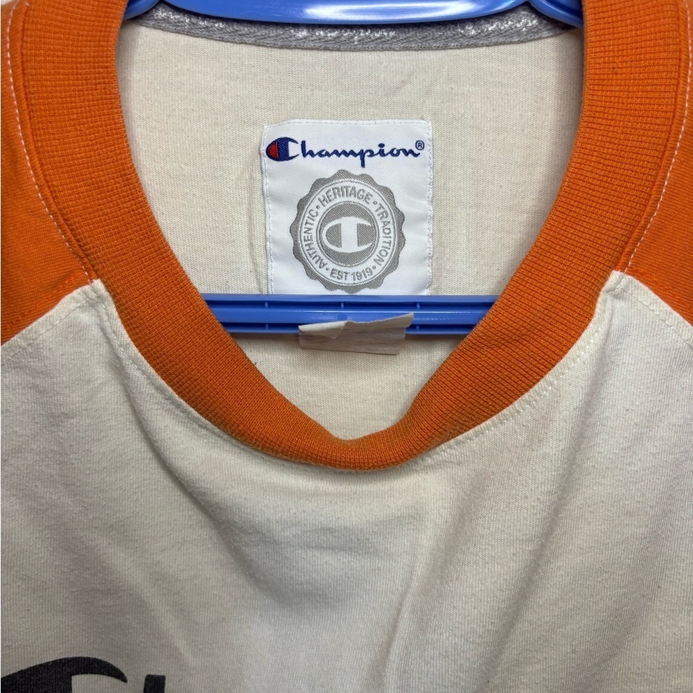 Champion White Body Raglan Tee with Orange Sleeves vintage size L men - Picture 4 of 5